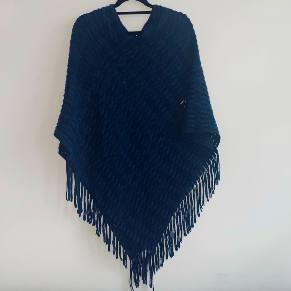 Navy Blue Bohemian Knit Poncho Sweater One Size